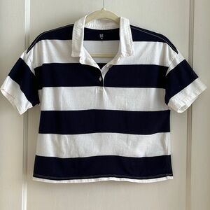 Rugby Stripe Cropped Navy & White GAP Polo Top Short Sleeve Collared T-Shirt
